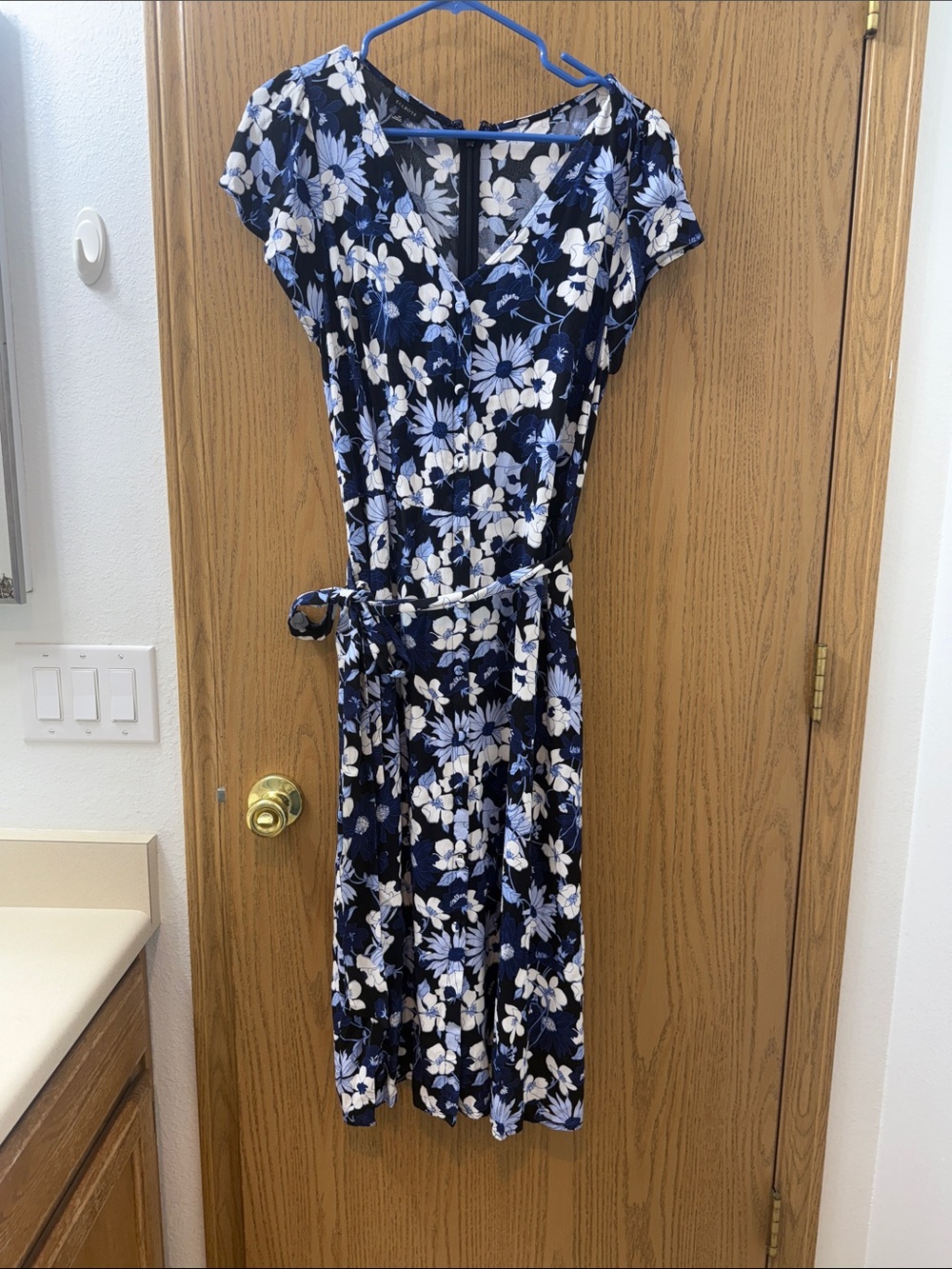 Talbots Navy and White Floral Midi Wrap Dress